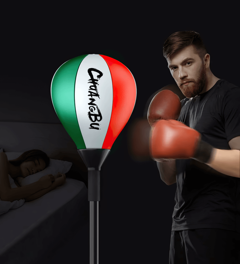 Man using adjustable freestanding reflex punching bag for home boxing training, improving speed and reaction, featuring durable design.